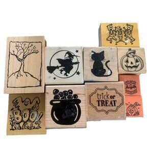 Halloween Rubber Stamp Lot Designs Wood-Mounted Ghosts Cats Cauldron